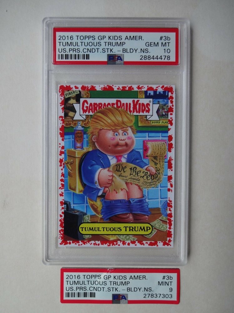 2016 Topps Garbage Pail Kids American U.S. Presidential Candidate Sticker U.S.PRS.CND.STK.-BLDY.NOSE #3b TUMULTUOUS TRUMP front
