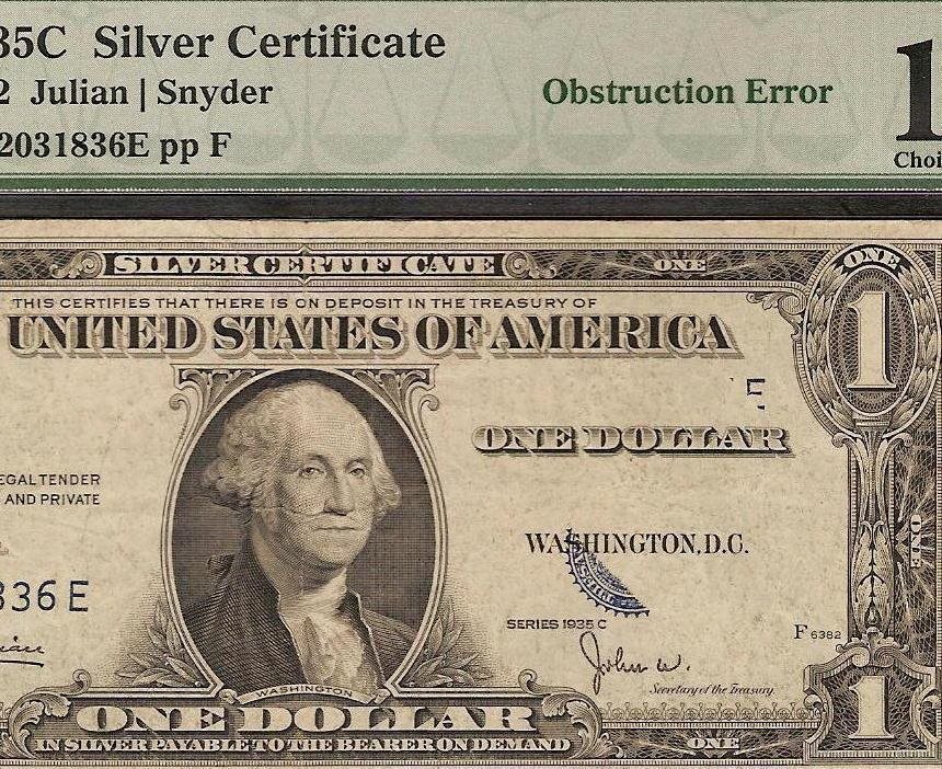 1935 C 1 Dollar Bill Obstruction Error Silver Certific
