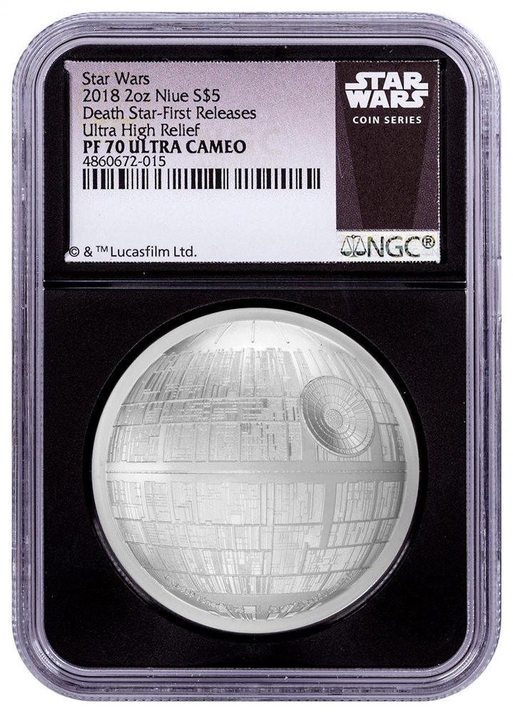 STAR WARS DEATH STAR ULTRA HIGH RELIEF NGC PF70 FIRST RELEASES COIN 2 OZ
