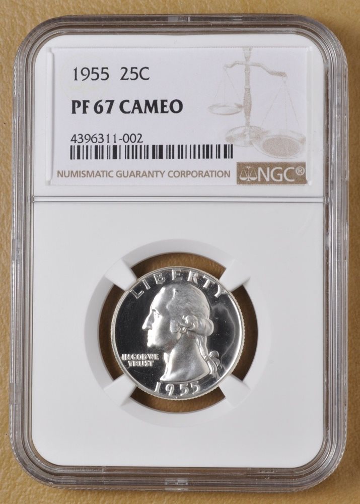 1955 Proof Washington Silver Quarter NGC PF 67 Cameo, PR67CAM