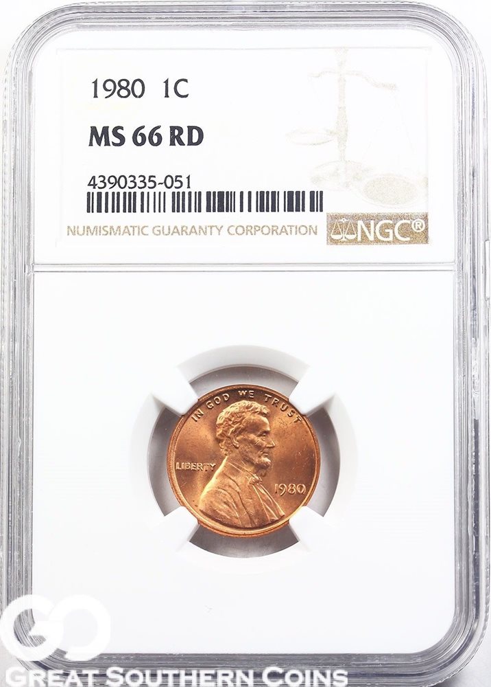 1980 NGC Lincoln Memorial Penny, RED, NGC MS 66 RD, MS66RD - PCGS