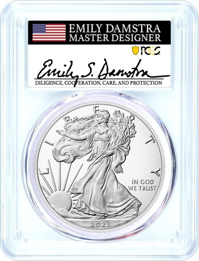 2023 $1 Silver Eagle PCGS MS70 First Day of Issue Damstra Signed