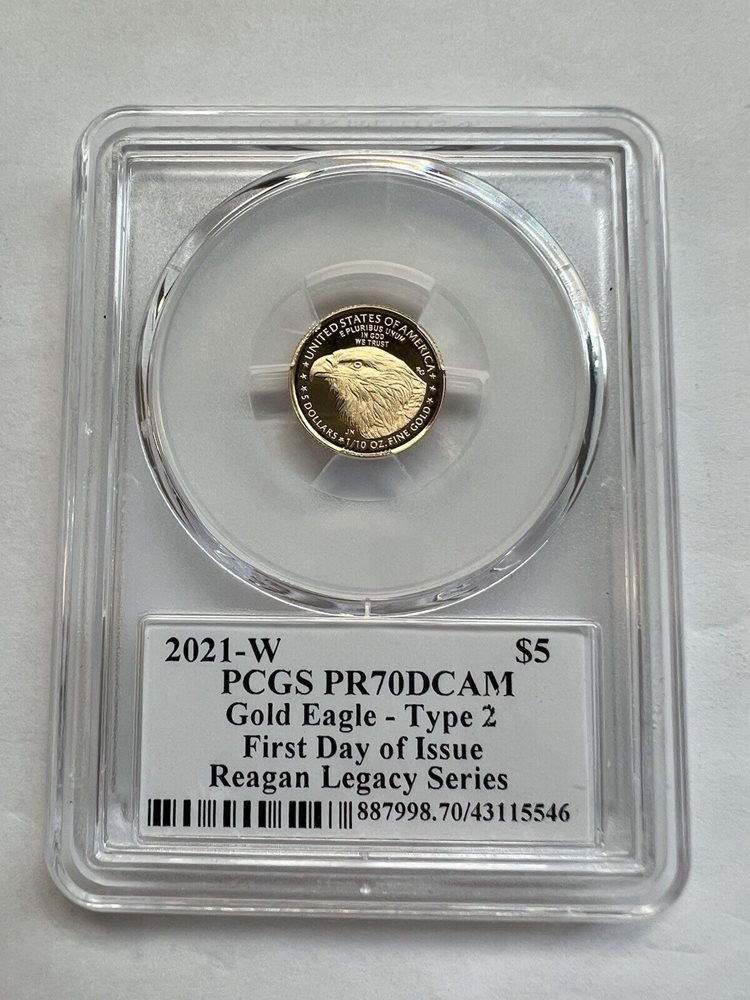 2021-W $5 PR70DCAM Gold Eagle Type 2 First Day Issue Reagan Legacy