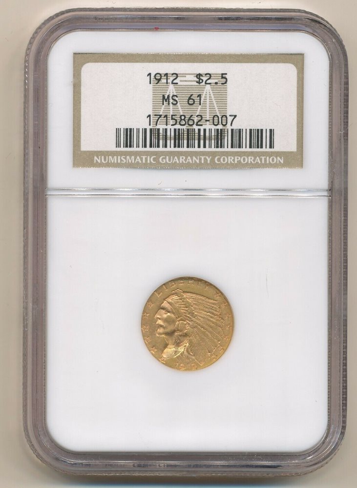 1912年 インディアンヘッド金貨 $2.5 MS 61 1912 INDIAN HEAD $2 1/2 GOLD QUARTER EAGLE COIN NGC MS 61