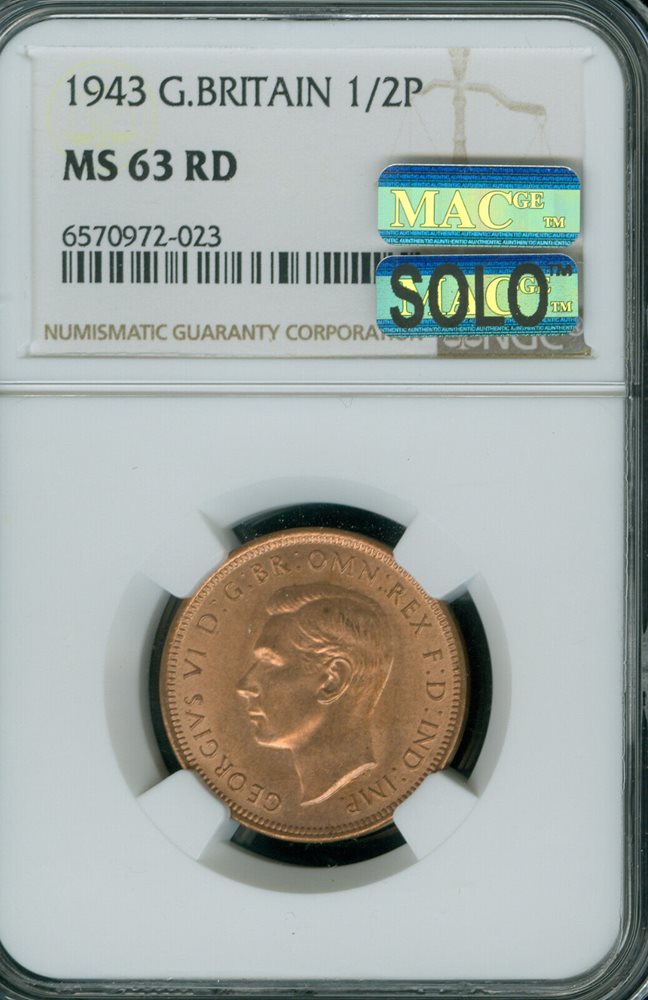 1943 GREAT BRITAIN HALF PENNY NGC MS-63 RD MAC SOLO FINEST