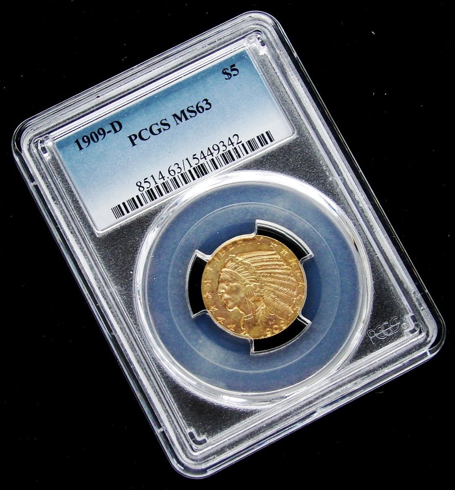 EXCELLENT - 1909-D $5.00 Gold Indian Head Half Eagle PCGS MS63
