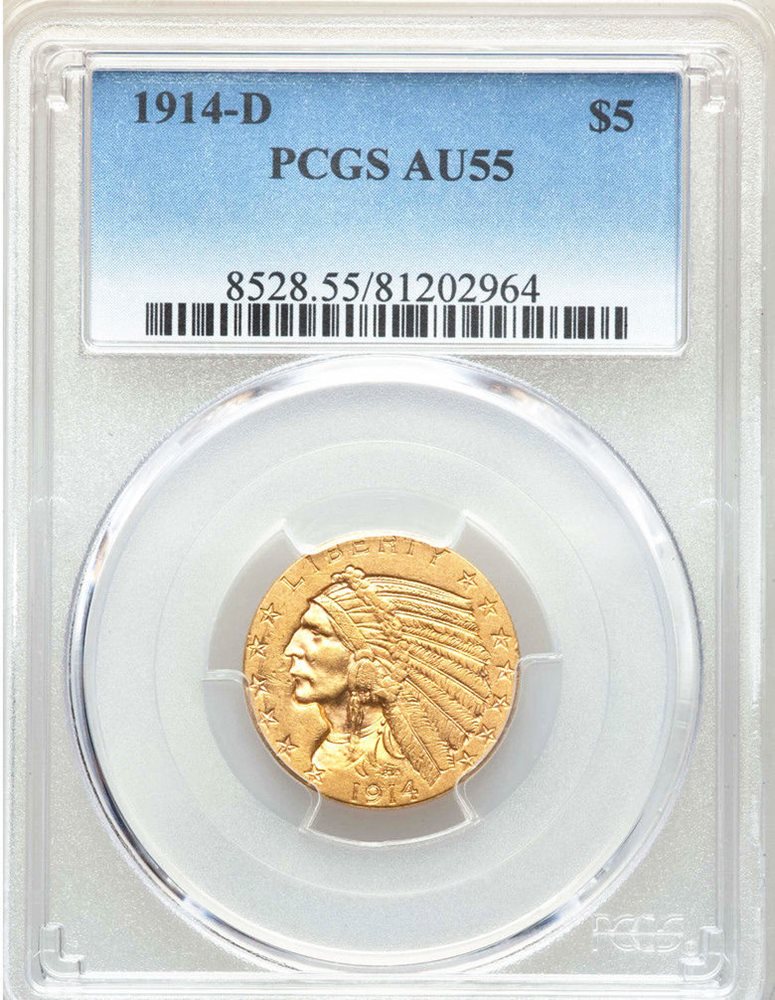 1914-D $5 Indian Head Half Eagle PCGS AU 55 Pretty Gold Coin