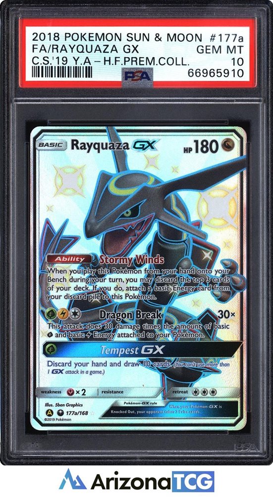 2018 POKEMON SUN & MOON CELESTIAL STORM #177a FA/RAYQUAZA GX C.S.'19 Y.A-H.F.PREM.COLL. (PSA 10) (PSA 10) – 53380198