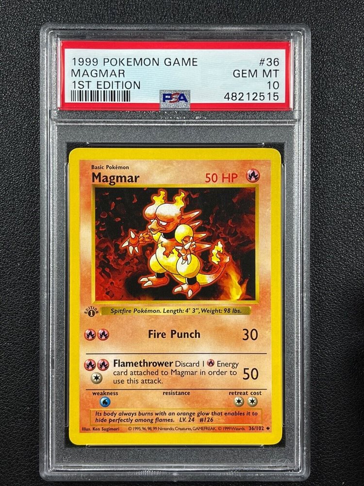 magmar 1995 pokemon card (44/63) [WoTC Promo] – Plug Colorless Magma Punch (40) Weakness Water ×2 Retreat Cost Magmar 036/102 Base Set (Shadowless)