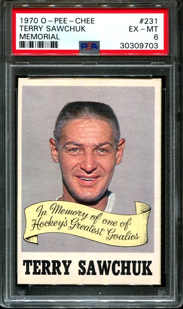 1970 O-Pee-Chee #231 Terry Sawchuk Memorial NHL Hockey Card Red Wings PSA  NM 7