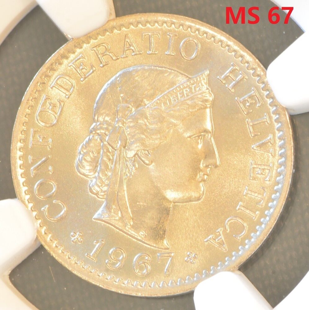 1967 B Switzerland 5 Rappen KM# 26 Silver Coin NGC MS 67