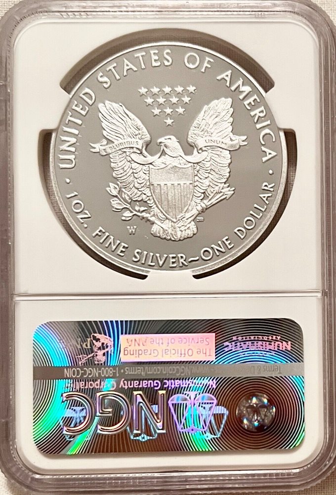 イーグル銀貨プルーフ2016（2019）埋蔵銀貨レターエッジPF70 PCGS 2016-W lett.edge silver eagle NGC PF70mercanti signed fr