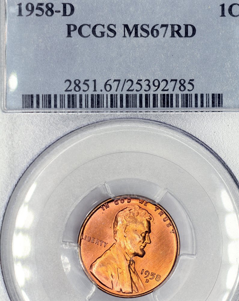 1958-D MS67 RD Red Lincoln Wheat Cent 1c Penny, PCGS Graded