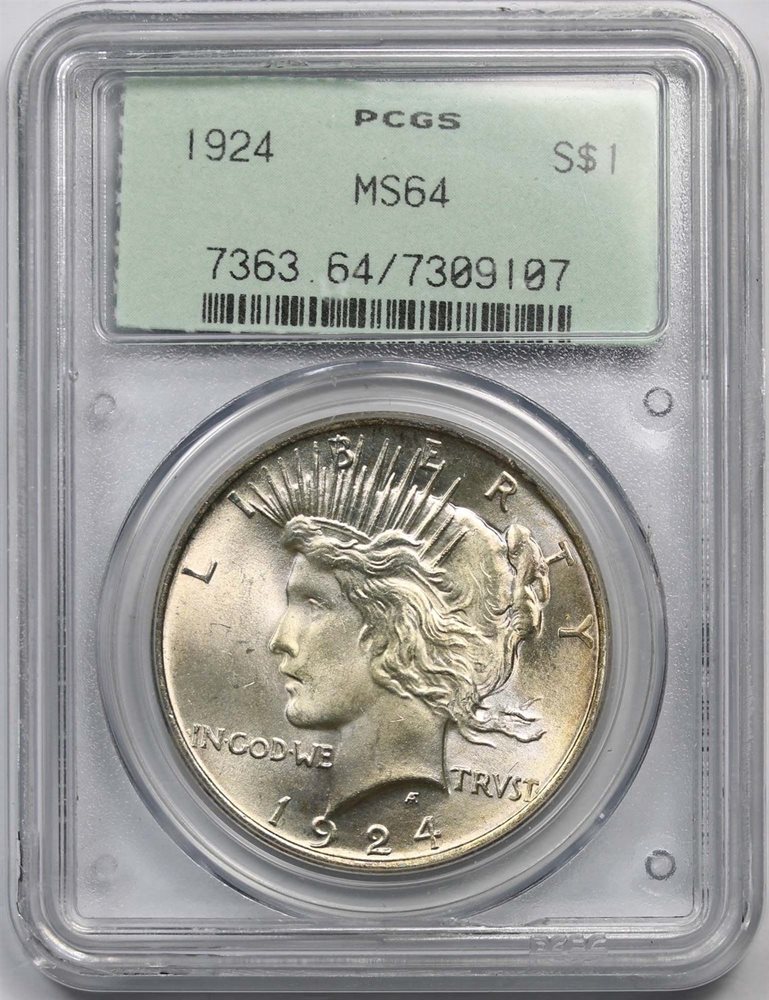 1924 $1 PCGS MS 64 (Old Green Security Collar OGH) Peace Dollar