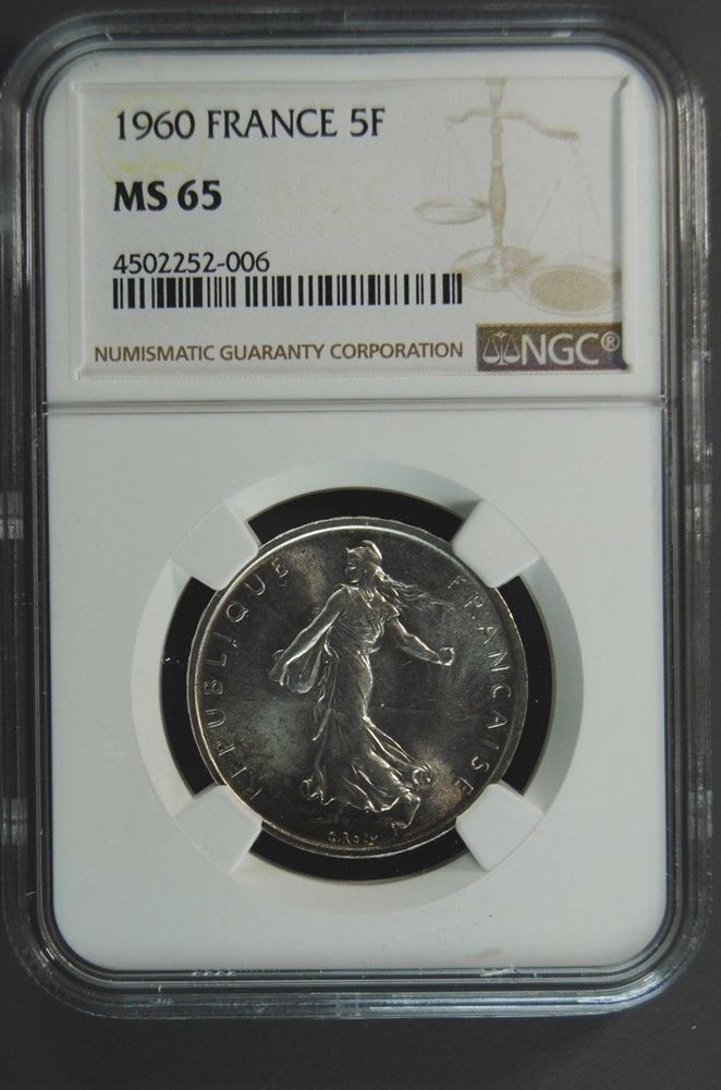 フランス 1960年 5フラン銀貨 種を蒔く人 PCGS MS65 準々最高鑑定品！