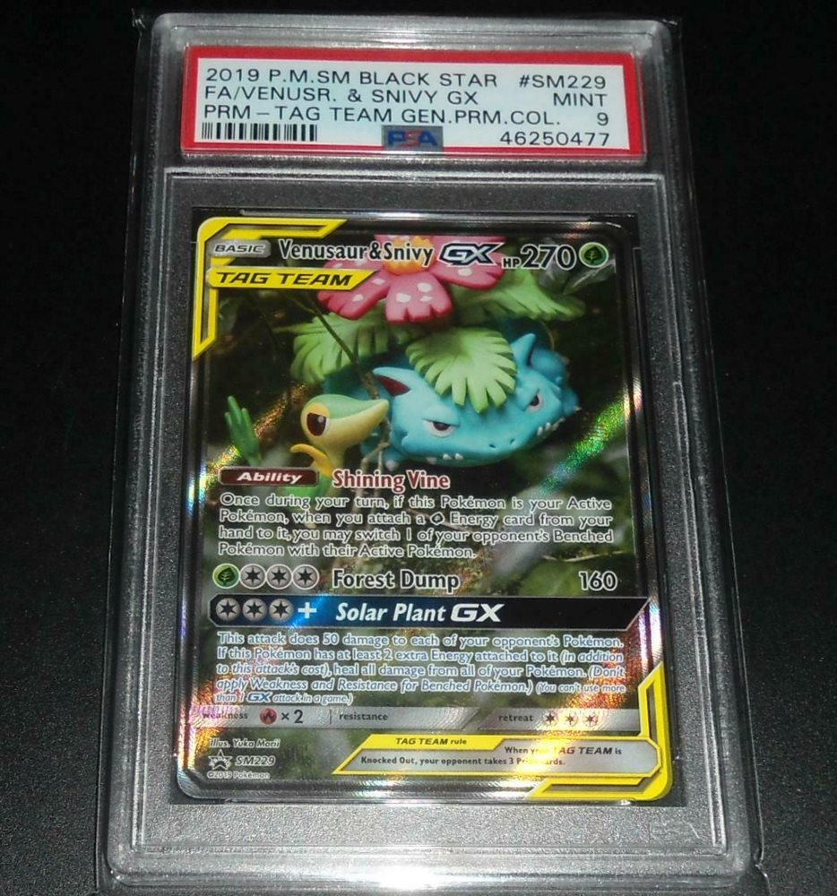 PSA 9 MINT Venusaur & Snivy GX SM229 SM Black Star Prom