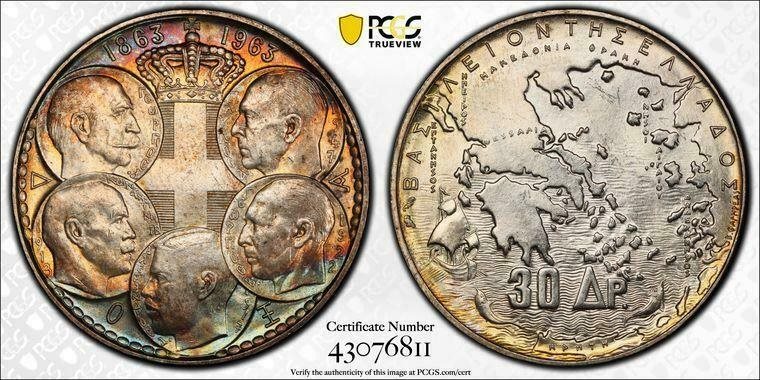 最終値下げ　Sear カタログ　ギリシア　ローマ　ビザンチン GREECE 1963 30 DRACHMAI 5 KINGS PCGS GRADED MS 66 TONED SILVER