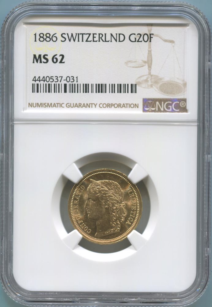 1886 スイス 20フラン 金貨 UNC DETAILS 1886 B Switzerland 20 Franc Gold, NGC MS62, MS62 - PCGS