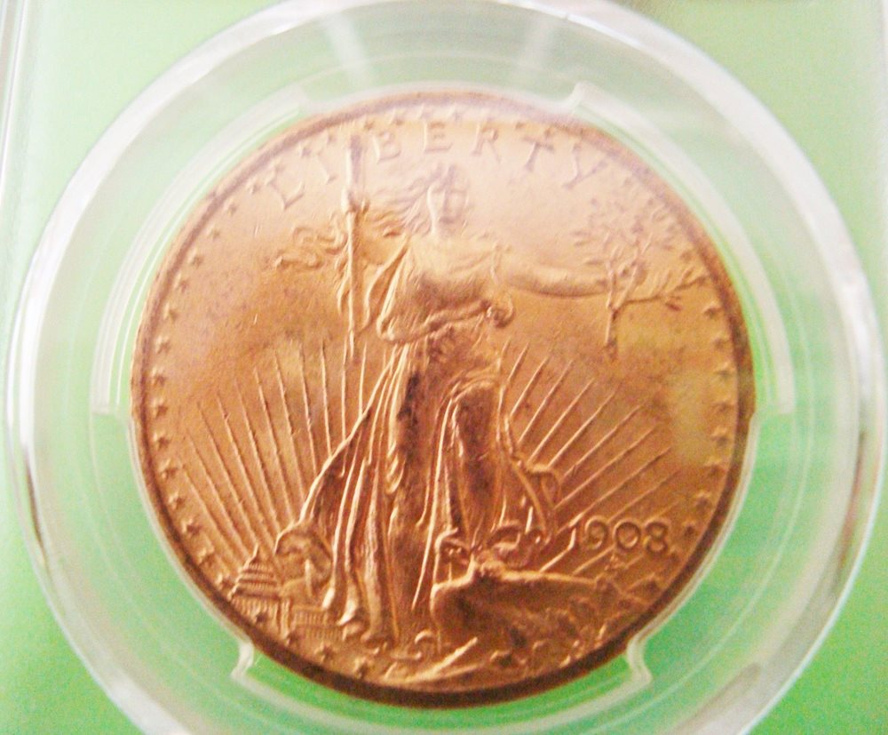 1908 ST. GAUDENS $20 GOLD PCGS MS63 DOUBLE EAGLE 'NO MOTTO