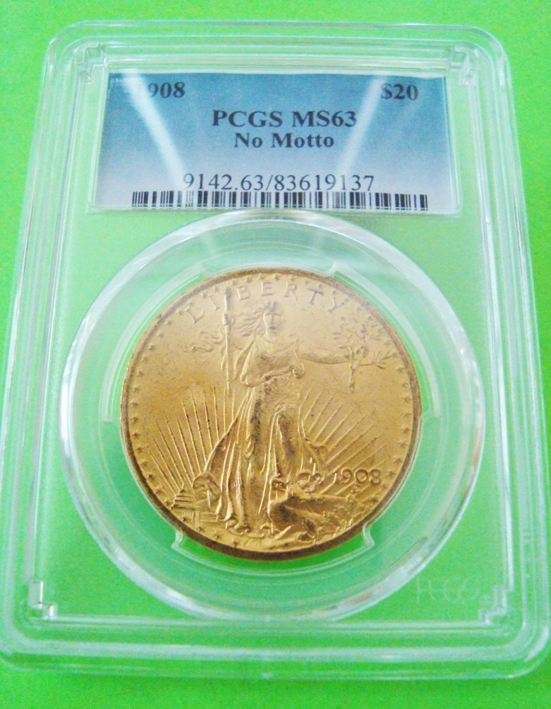1908 ST. GAUDENS $20 GOLD PCGS MS63 DOUBLE EAGLE 'NO MOTTO