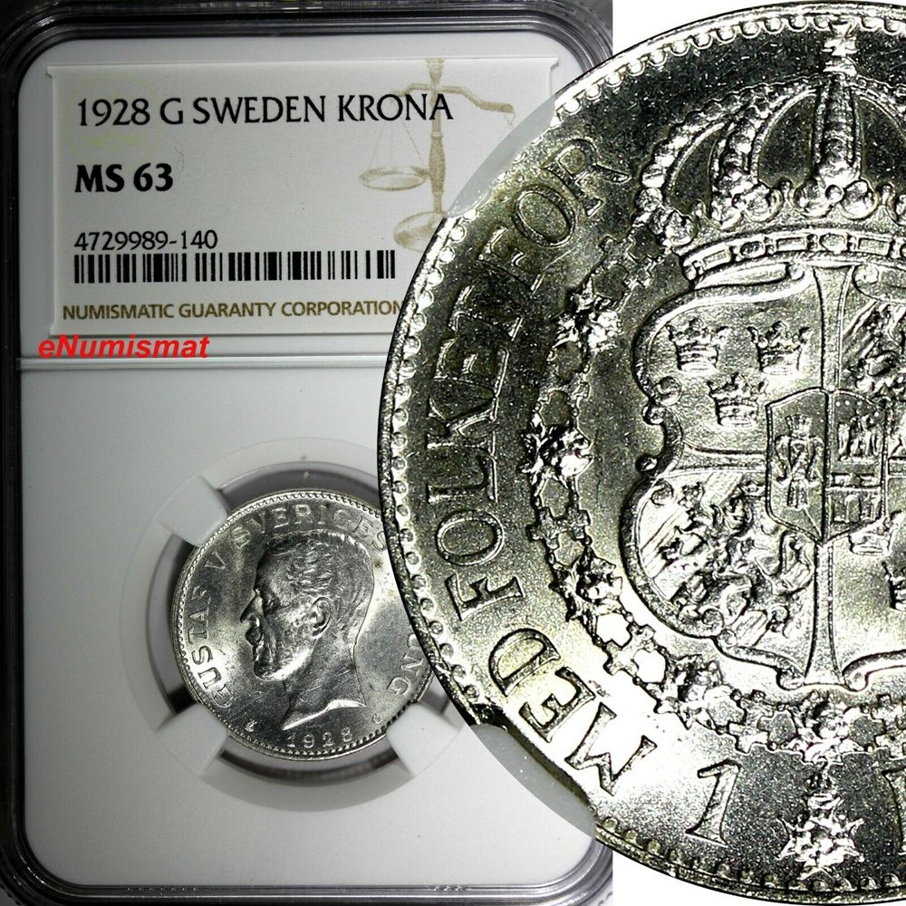 スウェーデン　790クローナ Sweden 1907 Silver 1 Krona KM772, Rare High Grade! - C5858