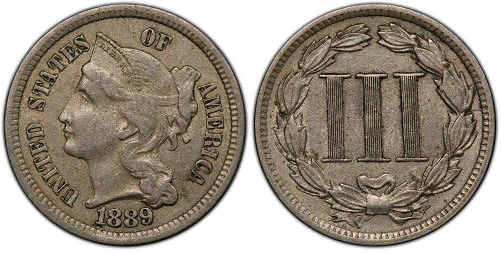 1889 Three Cent Nickel 3CN - PCGS AU53 - Rare Low Mintage