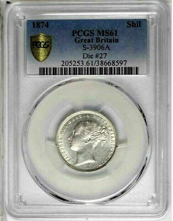 1874 Great Britain 1 Shilling, PCGS MS 61, KM-734.2, Die 27