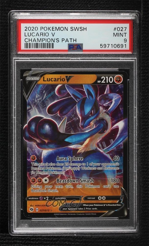 lucario v pokemon card value Lucario V 027/073 PSA 10 Gem Mint Graded Pokemon Card (Champions Path) —  Titan Cards Ltd