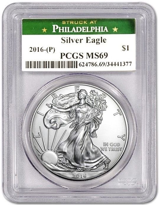 2017-P American Silver Eagle MS69 PCGS Struck At Philadelphia Green Label