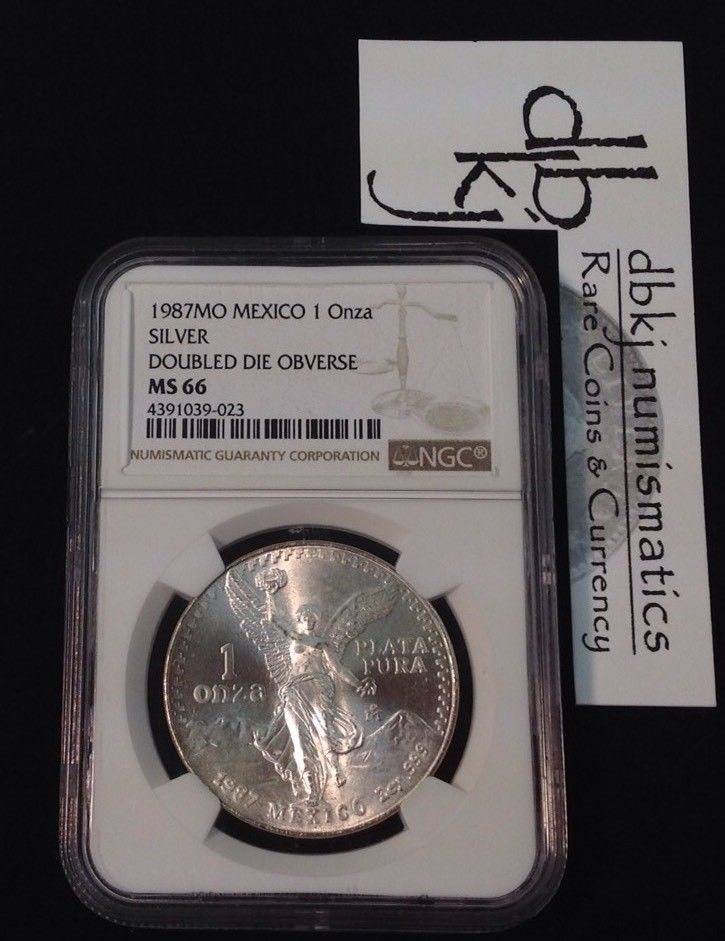 1987 MEXICO 1 Onza Silver Libertad NGC MS66 Double Die Obverse