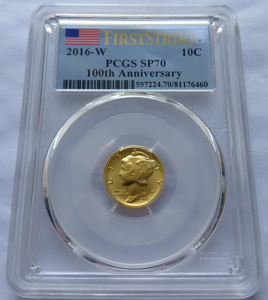 2016-W PCGS SP70 GOLD 10c Mercury Dime 100th Anniversary
