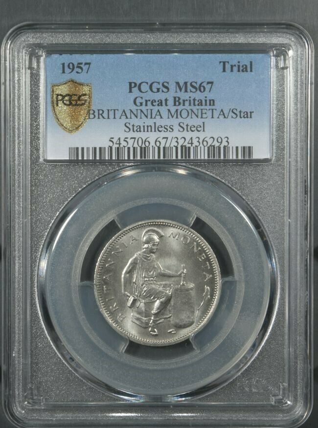 1957 PCGS MS67 GREAT BRITAIN BRITANNIA MONETA/STAR STAINLESS STEEL