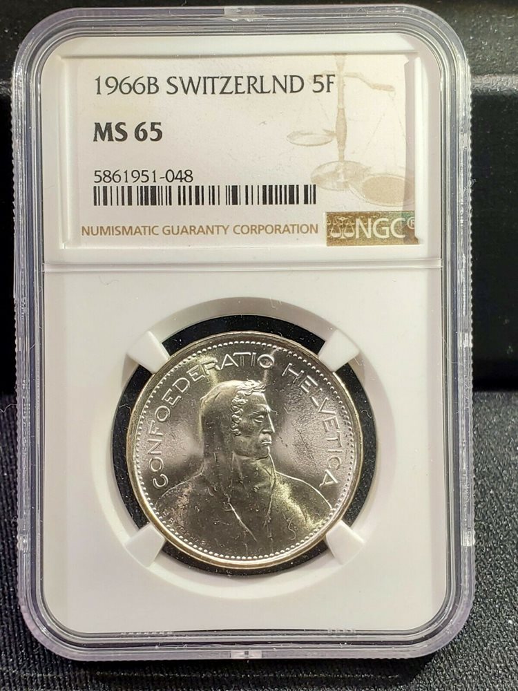 1966 B Switzerland silver 5 franc coin - NGC MS 65, MS65 - PCGS