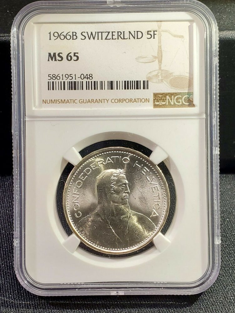 1966 B Switzerland silver 5 franc coin - NGC MS 65, MS65 - PCGS