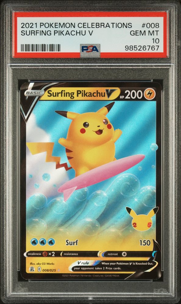 た*け様 海外版 2021 ポケモンカード Surfing Pikachu V 2021 POKEMON CELEBRATIONS SURFING PIKACHU V URR #8 BCCG 10