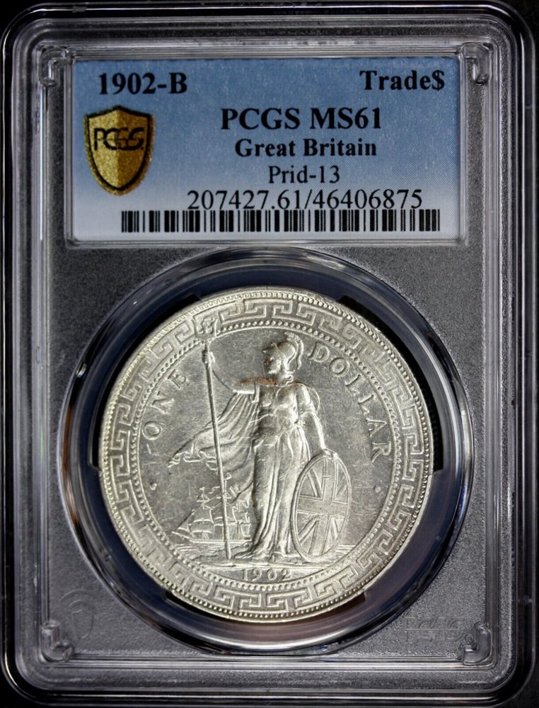 1902 B GREAT BRITAIN SILVER TRADE DOLLAR PRIDE 13 PCGS MS 61, MS61