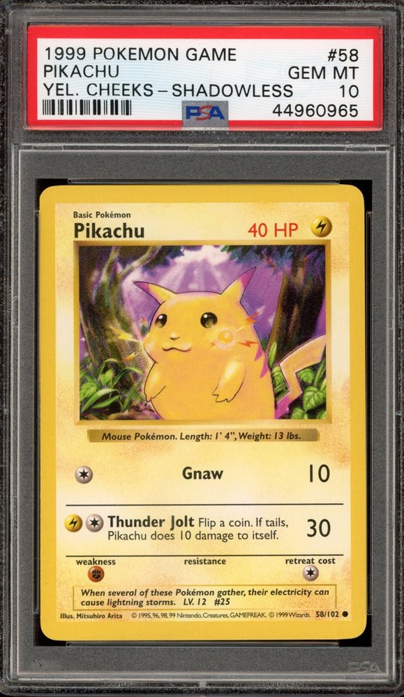 1999 ピカチュウ　イエローチーク　シャドーレス PSA10 PSA10】ピカチュウ 英語 イエローチーク シャドーレス ポケカ