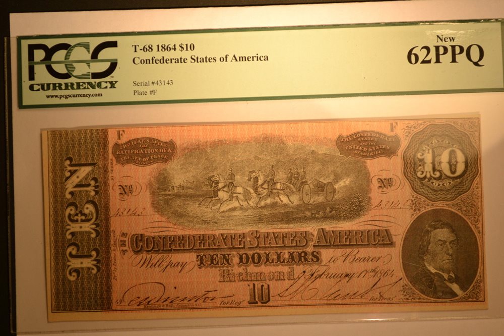 AC T-68 $10 1864 Confederate CSA PCGS 58 PPQ