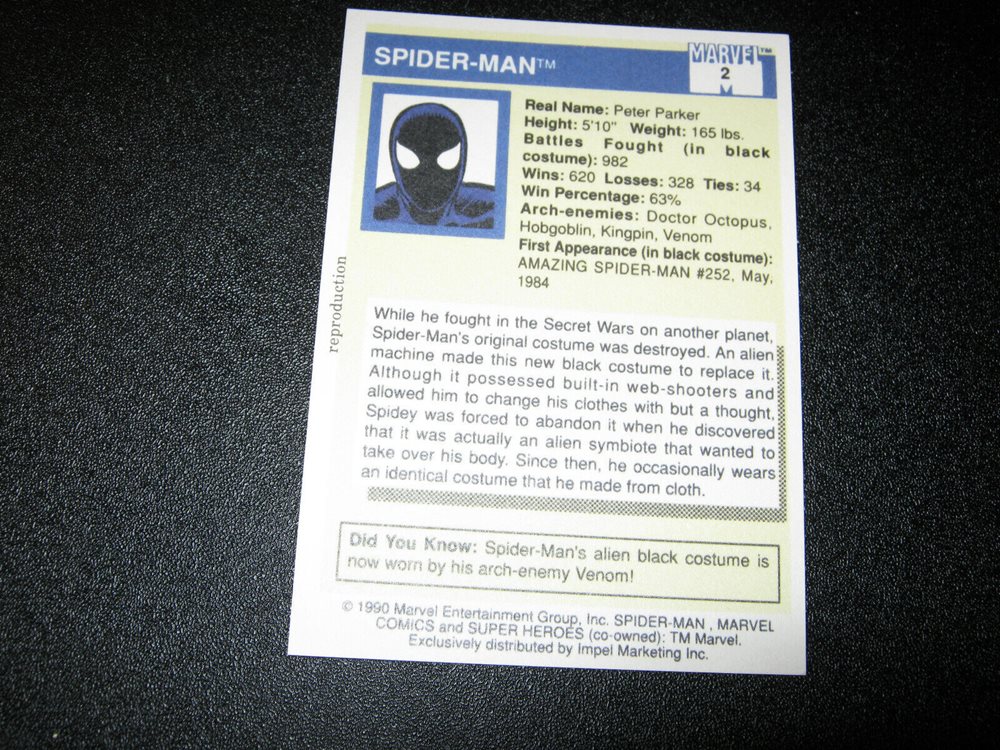 1990 BLACK SPIDERMAN CARD 2 SERIES 1 OFFICIALLY LICENS