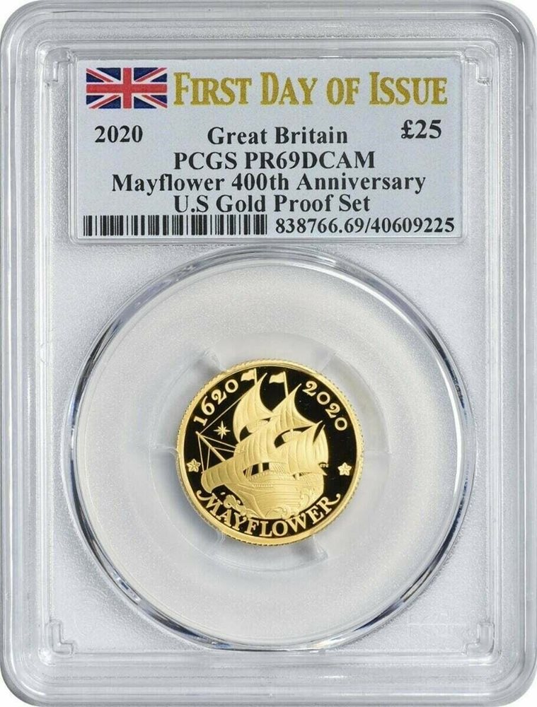 2020 Mayflower 400th Anniversary Great Britain £25 Gold PR69DCAM