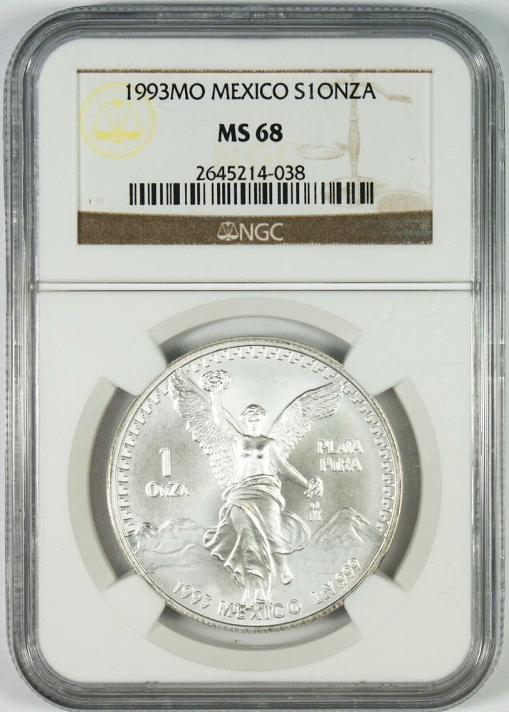 1993 Mexico Libertad 1 Onza 1 Oz. Plata Pura Silver Coin NGC MS68
