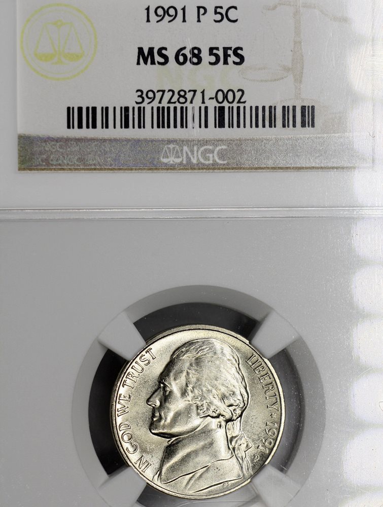 1991-P MS68 FS Jefferson Nickel 5c, NGC Graded Full Steps