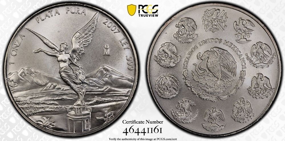 2007 Mo MEXICO LIBERTAD SILVER 1 OZ 1 ONZA PCGS MS 69, MS69 - PCGS