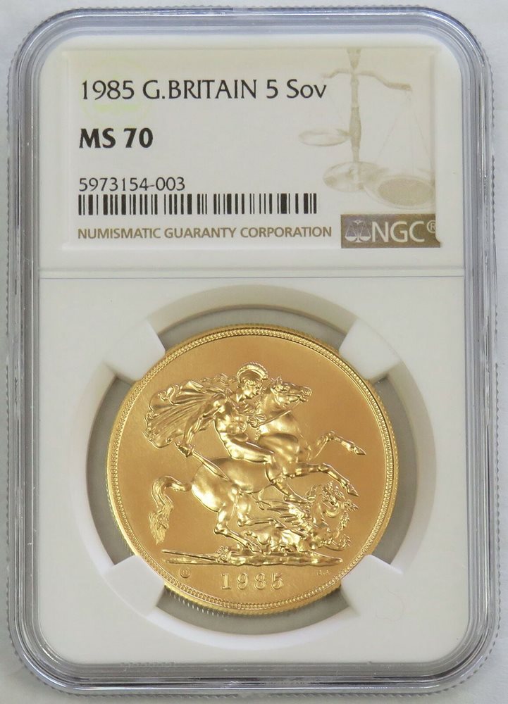 1985 GOLD GREAT BRITAIN 5 POUNDS SOVEREIGN COIN NGC MINT STATE 70