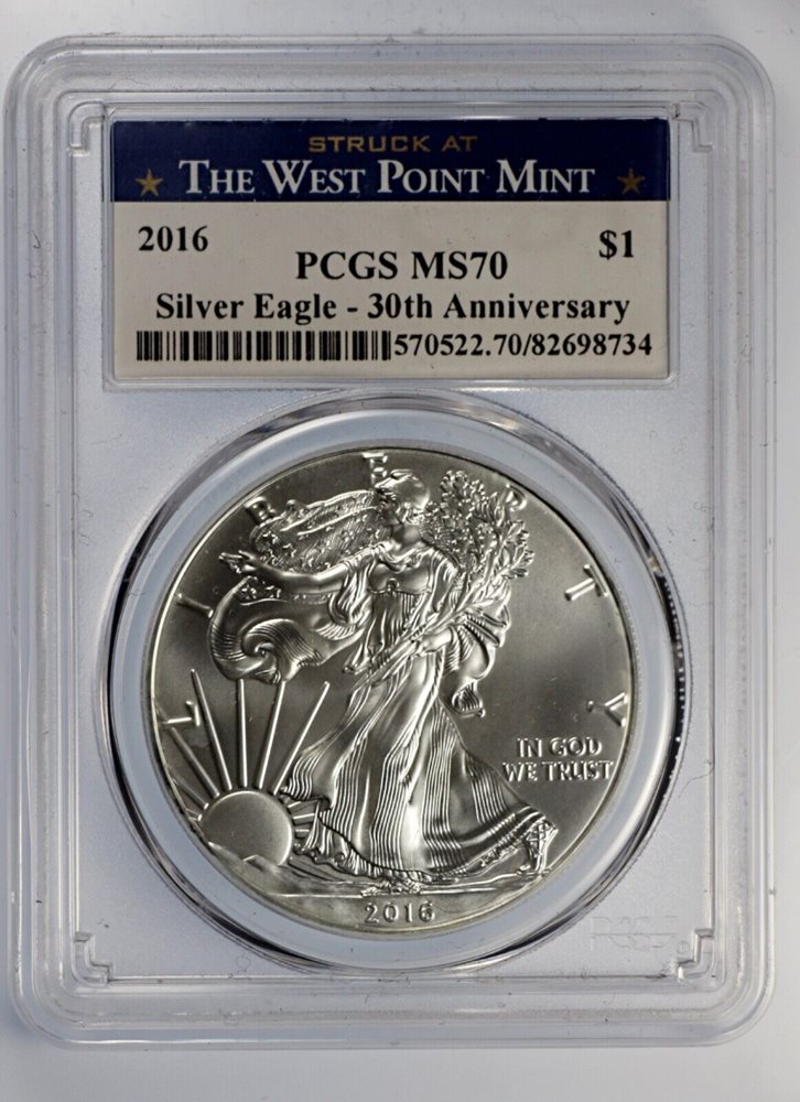 2016 W Silver Eagle PCGS MS70 West Point Mint Blue Label 30th