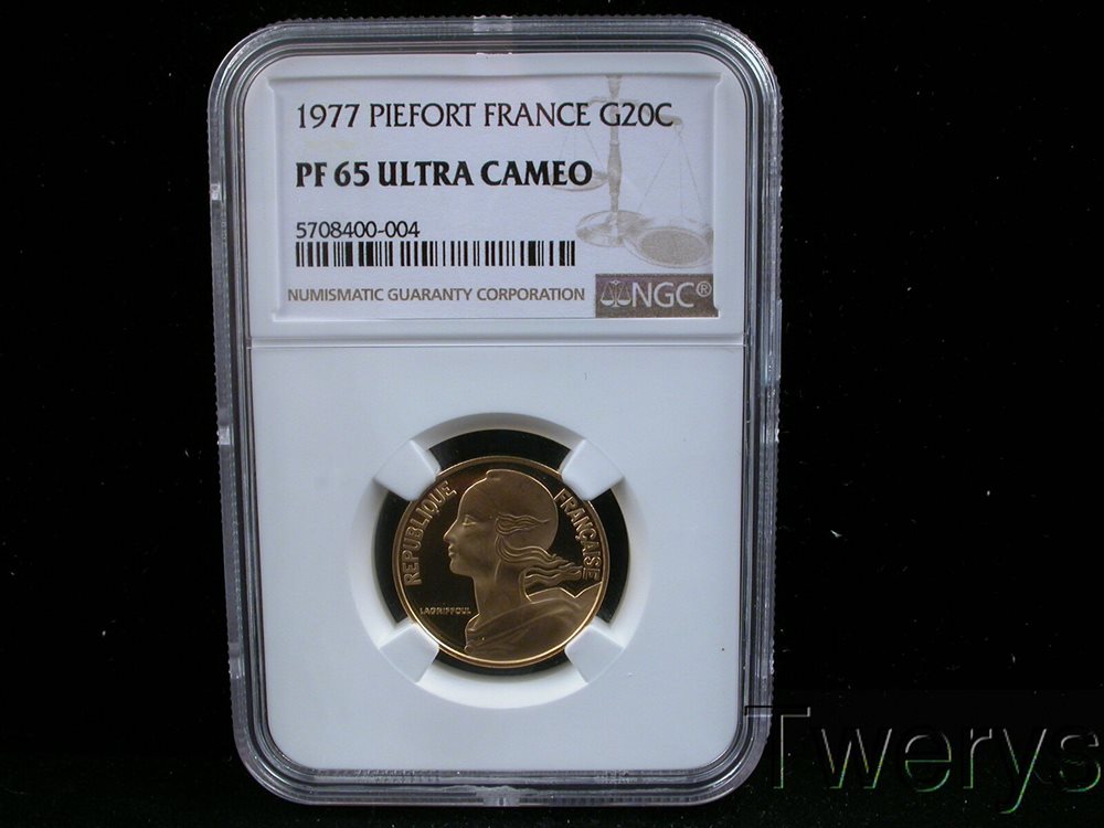 1977 FRANCE GOLD PIEFORT 20 CENTIMES NGC PF 65 ULTRA CAMEO