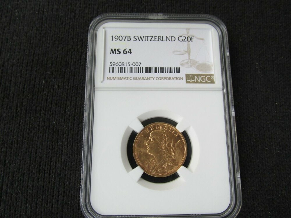 1907B Switzerland 20 Francs Gold Coin MS64 BU, MS64 - PCGS Auction