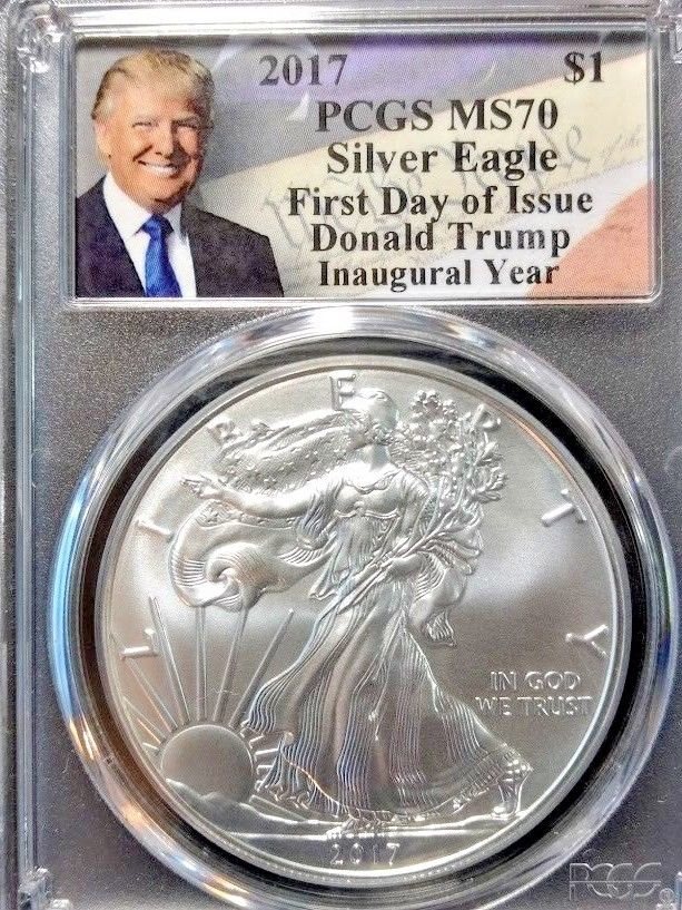 2017 Silver Eagle Dollar PCGS MS70 Trump First Day Issue Label Coin FDI ASE C35