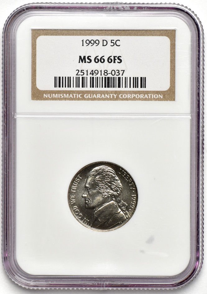 1999 D Jefferson Nickel NGC MS 66 6FS Six Full Steps, MS66FS
