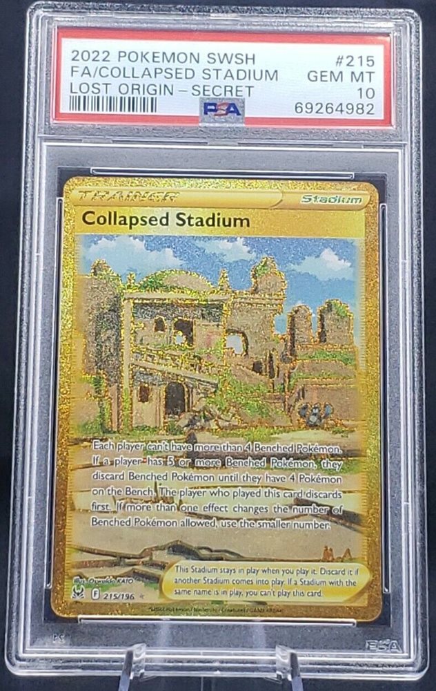 collapsed stadium pokemon card price eBay Auction Item 285153002909 TCG Cards 2022 Sword & Shield Lost Origin Each player cant have more than 4 Benched Pokemon if a player has 5 or more Benched Poikemon Collapsed Stadium 215/196 Gold Secret
